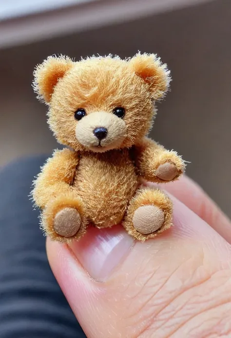 Masterpiece, best quality, best quality, high details, 4k, very small cute teddy bear on a humans finger,