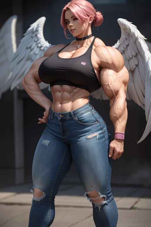 (((((Massive, tall, beautiful, light brown skinned, buff, muscular woman with shocking pink hair, black lipstick, ginormous bulky muscles, giant angel wings and wearing a white sports bra with denim jeans))))), (close view), (massive muscles), massive bice...