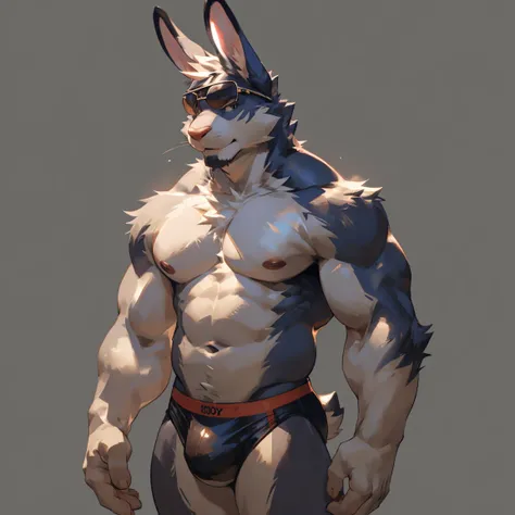 Solo, male, Handsome rabbit, light gray, light gray rabbit, solo, in speedo, black speedos, black underwear, hot, sexy, seductive rabbit, front, standing, posing hands, waist, male v line, attractive, perfect body, good anatomy, ((focus body, furry focus, ...