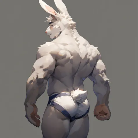 Solo, male, Medium muscular, rabbit, light gray, light gray rabbit, rabbit in underwear, white underwear, underwear in one color, white color, all white underwear, long ears, from back, back view, posing, with short tail, tail, rabbit tail, bunny, bunny ta...