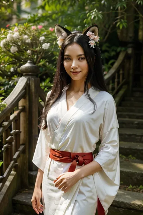 A digital artwork of a graceful woman with a serene smile, standing at the bottom of a sunlit traditional stone staircase, surrounded by lush greenery. She has long, flowing black hair, fox-like ears, and bright red eyes. She wears a traditional white kimo...