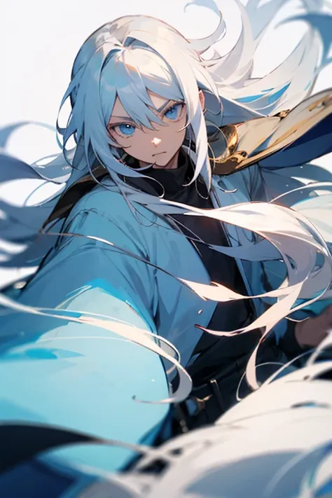 Man with long white hair, light blue eyes, anime, 2d