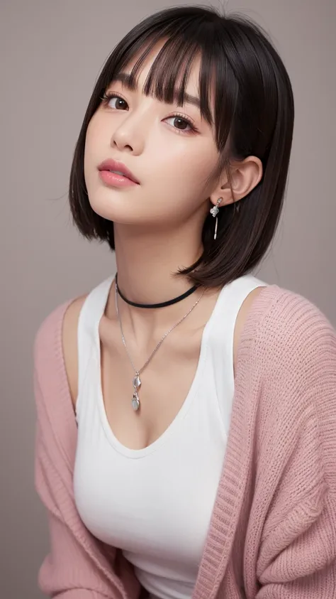 (8k, Photorealistic, Raw photo, Highest quality: 1.4),Japanese idol style１Beautiful girl of the person,18-year-old,Very short hairstyle,Silver Hair,Hang your hair over your ears,Wearing small earrings in the ears,Big, clear grey eyes,Long eyelashes,Tear ba...