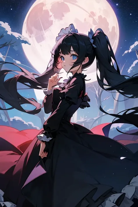 cute and beautiful vampire girl, eyes, big blue eyes, , lots of frills, black long dress, twintail, round full moon, starry sky,  black hair blowing in the wind, trees, bloom light effect,