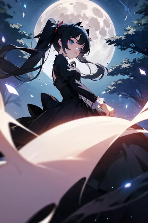 cute and beautiful vampire girl, eyes, big blue eyes, , lots of frills, black long dress, twintail, round full moon, starry sky,  black hair blowing in the wind, trees, bloom light effect,