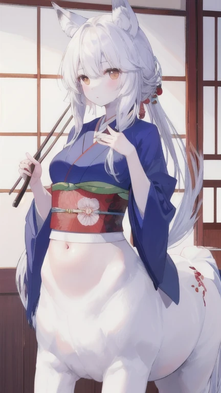 (best quality, masterpiece), 1 girl, centaur, It takes,White skin, Japanese , kimono, belly button t-shirt, 아름다운 소녀 perfect wolf photo, perfect wolf photo