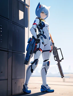 masterpiece,best quality,perfect detailed,White cat ears,short hair,Blue Hair,{cool},robot girl,MECA suits,I own an AR-15.,background: