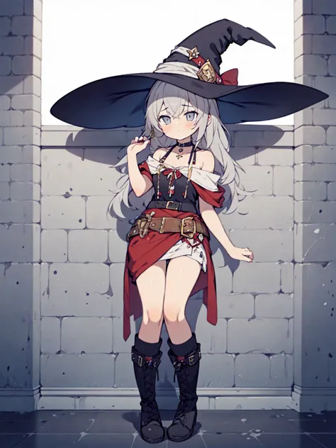 (1girl in:1.2), (Solo:1.2) , nffsw, Shaders, Brilliant Textured Work, Ultra-detailed eyes, ultra-intricate pupil in eyes, top-quality, full body, witchs hat, Leather belt on hat, Gray hair, long hair, Smooth straight hair, deadpan, No emotion, Gray eyes, a...