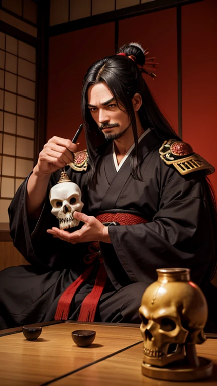 A fierce samurai warrior, Oda Nobunaga, sitting in a traditional Japanese room, holding a lacquered skull cup filled with sake, with a triumphant and intimidating expression on his face