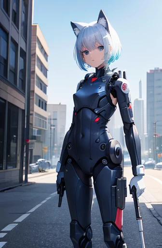 masterpiece,best quality,perfect detailed,White cat ears,short hair,Blue Hair,{cool},robot girl,MECA suits,I own an AR-15.,background:battle field,city