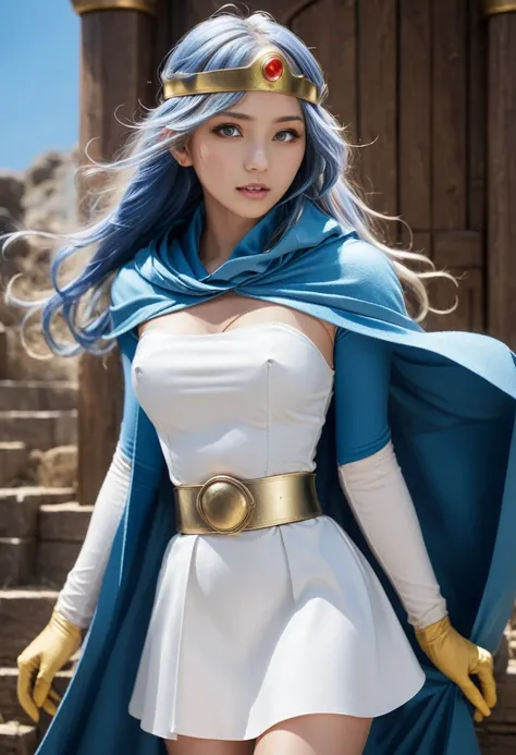 DQSage movie action shot of a long-haired girl in a blue cape and white dress, Yellow gloves, Blue Hair, (close), Dramatic lighting,  Forehead Jewelry, Displaying the viewer, mini skirt, Gold Belt, (in front of the magic gate, Particles of light:1.0), 
(Sm...