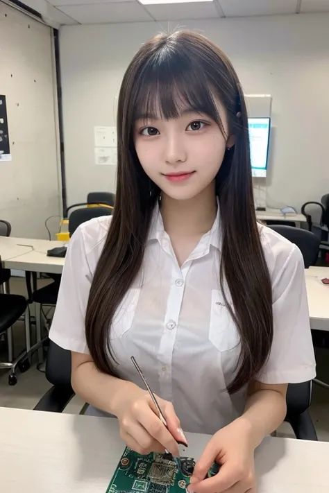 ((best quality)), ((masterpiece)), (detailed), perfect face, cute Japanese teenage woman, 20 years old, 165cm tall, wearing electrical engineering clothes, hairstyle with bangs at the front and long hair at the back, soldering a PCB at the table