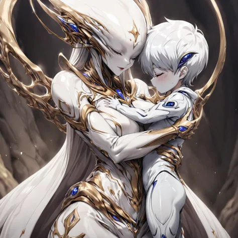 ((highest quality)), ((masterpiece)), (detailed), （Perfect Face）、（The woman is a beautiful and seductive pure white alien queen named Princess Leona, whose body transforms into an alien and turns into a pure white alien. She has long straight light brown h...