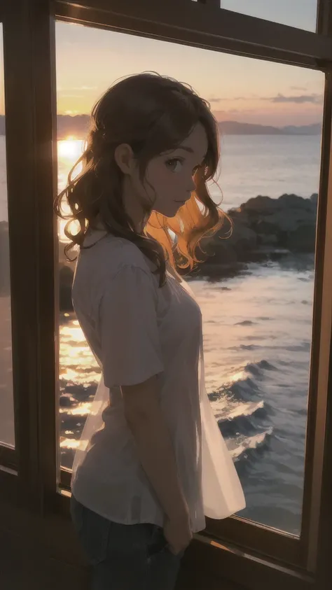 Mejor calidad, 4k, HD, gentle woman brown wavy hair watching a beautiful sunset from her cabin window