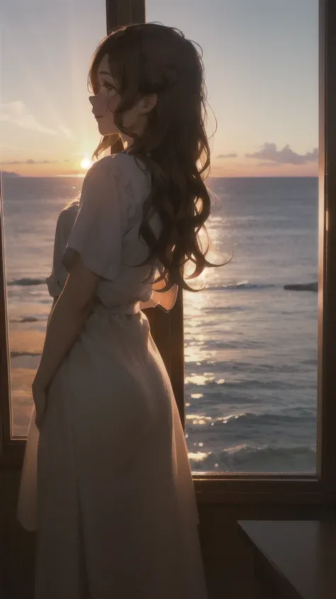 Mejor calidad, 4k, HD, gentle woman brown wavy hair watching a beautiful sunset from her cabin window