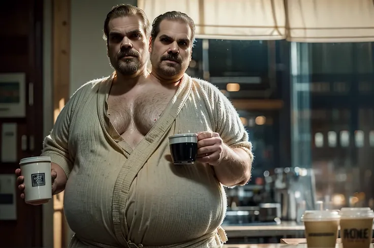 (((2heads))), solo, ((((david harbour)))), middle aged, male, short graying hair, (((obese, overweight, fat, chubby, heavy, dadbod))), ((nude, robe)), epic realistic, hdr, intricate, highly detailed, (depth of field:1.4), faded, (neutral colors:1.2), (hdr:...