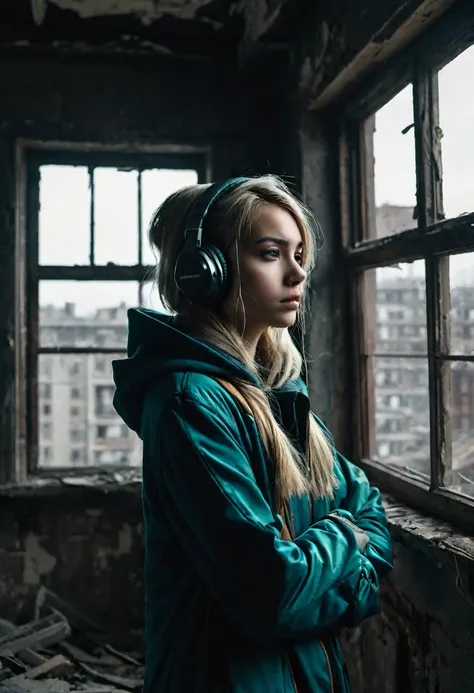 image of a sad beautiful girl dressed in coat and hood standing with arms crossed looking at a window inside a dark, dilapidated apartment room and a window showing dilapidated buildings outside, apocalipse, wasteland, She wears headphones over her ears an...