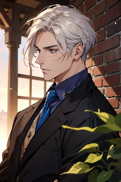 ((masterpiece:1.2, best quality)), 4k, adult, european face, 1man, male, mature, aged up, handsome, verytall, muscles, broad shoulders, dark casual clothes, white skin, middle white hair, blue eyes, portrait, sunset, old house with apple trees. 
