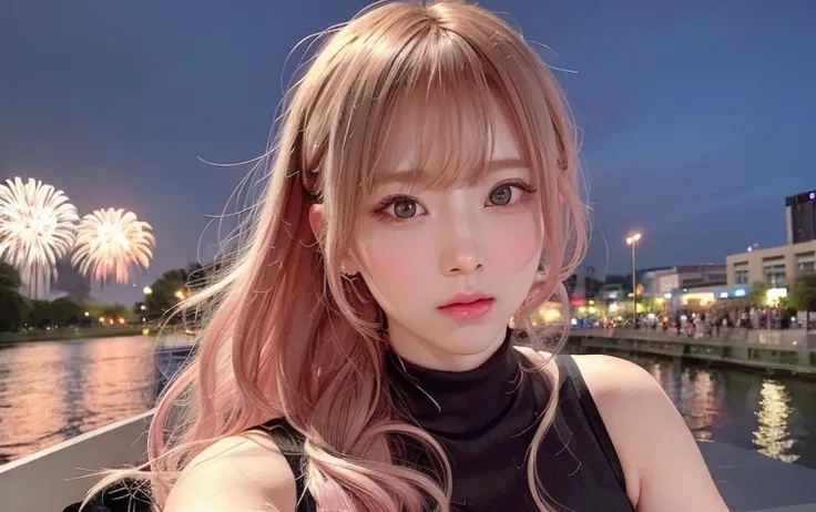 hair color: pink　model　woman　Long Hair　Sleeveless　pink clothes　diagonal　Selfie　diagonal上　Selfie　summer　highest quality, masterpiece))), High resolution, Very detailed, masterpiece, Cinema Lighting, (8k, highest quality, masterpiece: 1.2), (Realistic, photo...