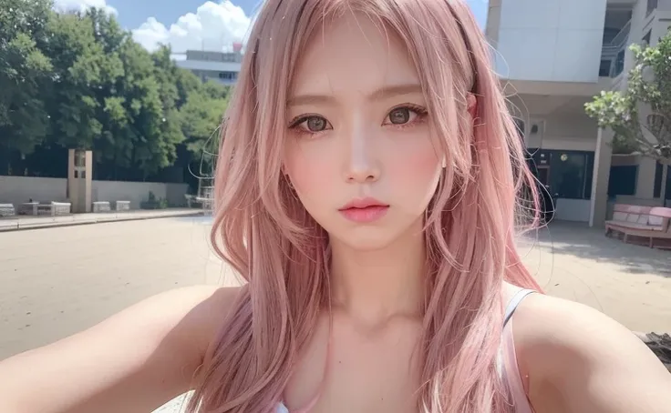 hair color: pink　model　woman　long hair　sleeveless　pink clothes　diagonal　mr.々a pose　diagonal上　summer　highest quality, masterpiece...