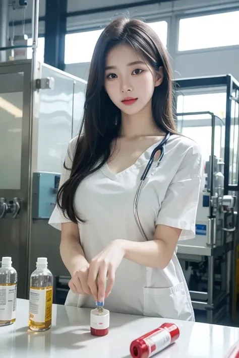 1 korean beautiful girl, big breasts, staff check medical vials on production line at pharmaceutical factory, pharmaceutical mac...