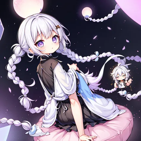 masterpiece,Little,cute、こたつでくつろぐ幼馴染のLittle女の子とLittle男の子、Relaxed facial expression、Mikan and cat kotatsu、sdcgsd、Milky white and purple gradient long hair、Double braid、Black and white diamond-shaped hair ornaments on both sides、Little男の子、The boy has two-tone...