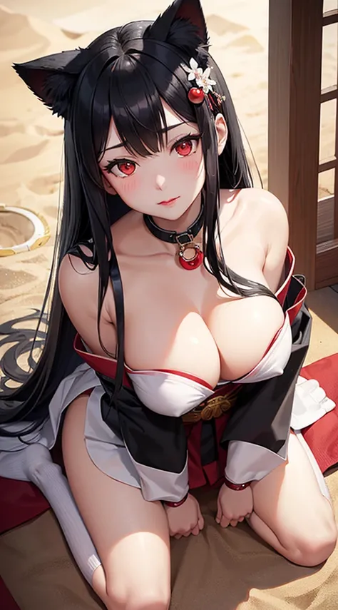 Detailed facial details，1 girl、Cat ear，Black long hair, Charming red eyes, Shy expression，Radiant Skin，red lips，White Japanese kimono，White socks，Kneeling on the sand，Slim，Large Breasts，Facial details are very detailed, handcuffs，Collar，Japanese Shrines，Ch...