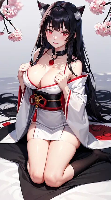 Detailed facial details，1 girl、Cat ear，Black long hair, Charming red eyes, Shy expression，Radiant Skin，red lips，White Japanese kimono，White socks，Kneel on a plank，Slim，Large Breasts，Facial details are very detailed, handcuffs，Collar，Japanese Shrines，Cherry...