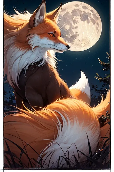 one fox,((best quality)), ((masterpiece)),  small face ,red eyes ,big tail ,adult 
,((background))A night where you can see the moon