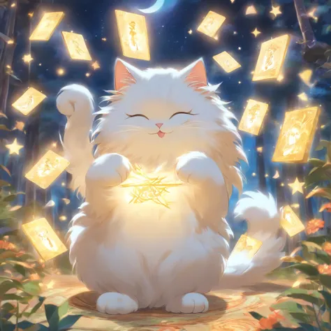 A long-haired white cat enjoying fortune telling with tarot cards in a fantastical atmosphere。The cat has fluffy white fur、The left and right eyes are different colors。The cat is holding a tarot card、It looks like she is having fun telling fortunes.。The so...