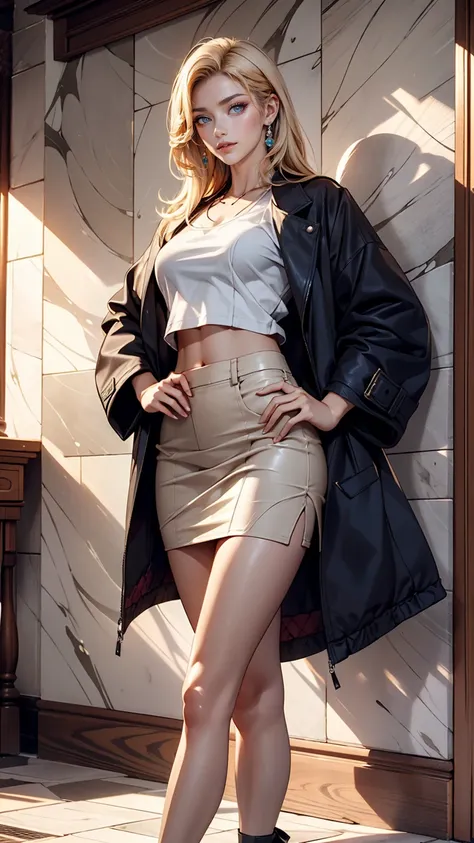 24 year old Japanese woman、Platinum Blonde、Straight Hair、blue eyes、Wear a midriff jacket、Wear a tight mini skirt、Wear high heels、smile、Marble floor、Marble wall background、Model pose