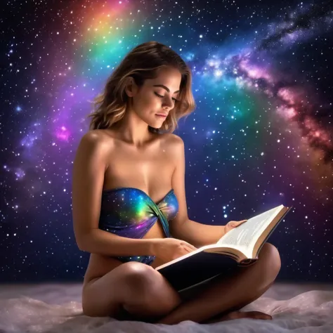 realistic photography of a topless woman sitting in the stars and reading a colored shining book, rainbow colored cosmic nebula sky background, stars, galaxies, high detailed, UHD