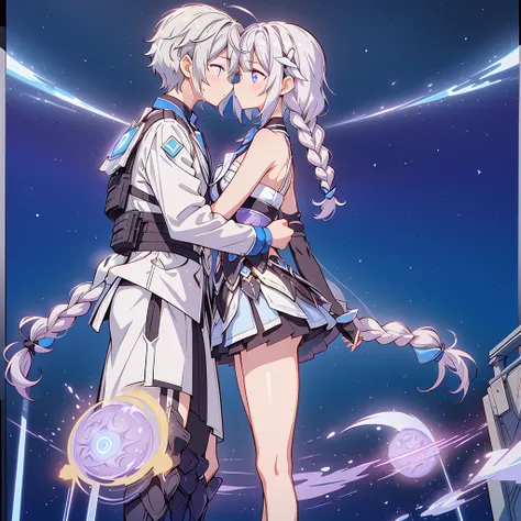 man and woman couple、the boy has short hair with a gradient of white and blue、couple looking at each other and kissing、masterpie...