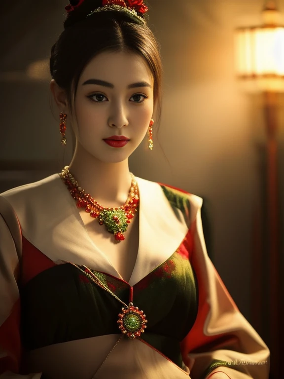 Close-up of a woman wearing a red and green dress, traditional makeup, traditional chinese, Chinese woman, Chinese princess, Chinese style, Inspiration from granddaughter, Empress of China, oriental face, Chinese girl, Chinese heritage, Beautiful Asian fac...