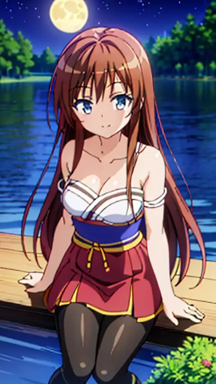 POV,from above,masterpiece,Japanese anime style,Beautiful girl with long straight reddish brown hair and blue eyes,Medium breasts,beautiful face,Smile,Sitting by the lake at night and admiring the moon, Wearing strapless gorgeous Hanfu and black pantyhose，...