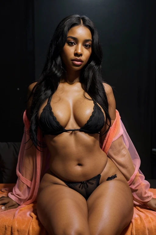 a glamorous busty young dark-complexion trinidadian/black mixed woman with long wavy black hair, She is sitting wearing neon-green lingerie and a neon pink long open sheer robe. The background is black, with a bold and stylish backdrop, hd, 8k, close-up, f...