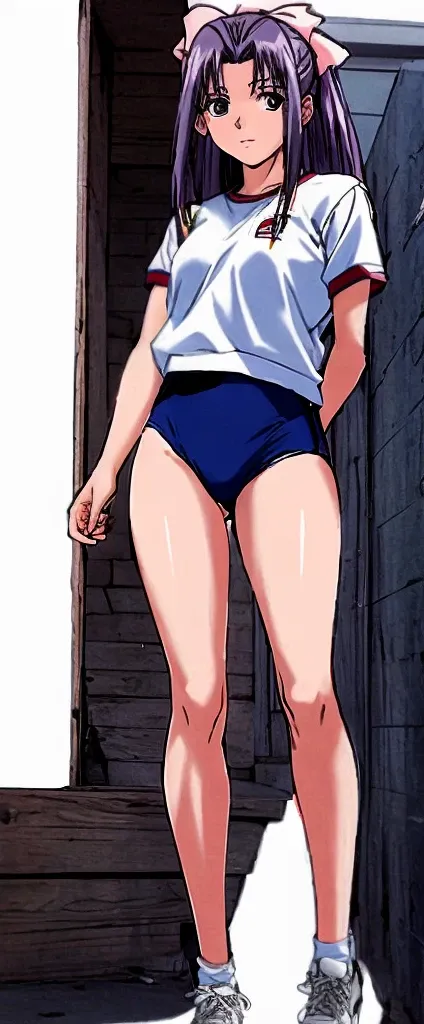 Momoko Koigakubo, a tall girl with beautiful legs, is standing with her legs spread to the sides, blushing, wearing a white gym uniform and light navy blue bloomers that look like panties.。Front view from below。