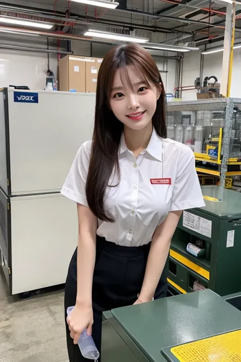 1 korean beautiful girl, full body, (medium breasts:1.0), worker uniform, drinking water next to a water cooler in a panoramic factory workshop, smiling straight into the camera, high-res 4k image,