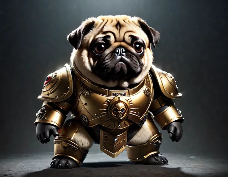 High Resolution, High Quality , Masterpiece . Realistic anime chibi hybrid in the realm of Warhammer 40k, portraying an endearing, chubby pug with shaggy fur and large, glistening eyes; snugly encased within a hefty Space Marine armor reflecting the iconic...