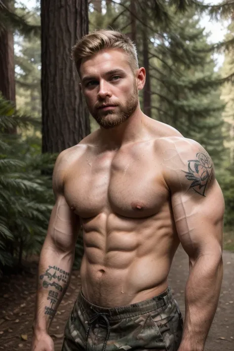 ((best quality)), ((masterpiece)), (detailed),male, perfect face,blonde beard, tattooed, ripped, army officer, showcasing perfect biceps, veins popping, sweaty muscles, Bodybuilder size,perfect sixpack abs, broad strong chest, wearing army camo pants, wear...