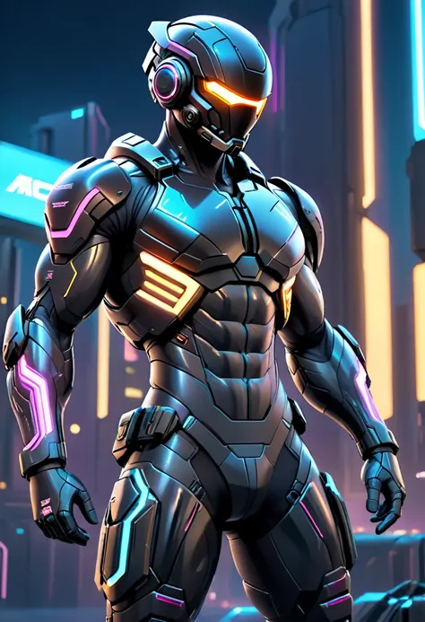 a tight black combat suit, detailed muscle definition, highly reflective, futuristic tactical gear, mechanical limbs, glowing neon accents, dynamic pose, urban cyberpunk setting, dramatic lighting, photorealistic, intricate details, (best quality,4k,8k,hig...