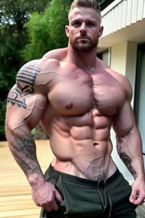 ((best quality)), ((masterpiece)), (detailed),male, perfect face,blonde beard, tattooed, ripped, army officer, showcasing perfect biceps, veins popping, sweaty muscles, Bodybuilder size,perfect sixpack abs, broad strong chest, wearing army camo pants, wear...