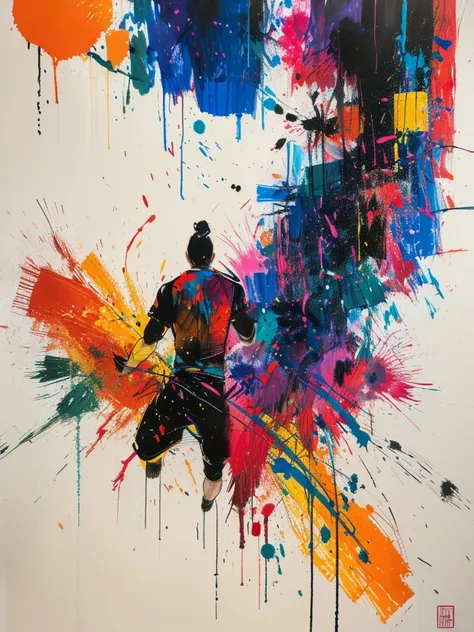 masterpiece, best quality, color ink painting, 男性contour，athlete，dynamic姿势，contour，graffiti，ink splatter，bold colors，dynamic，col...