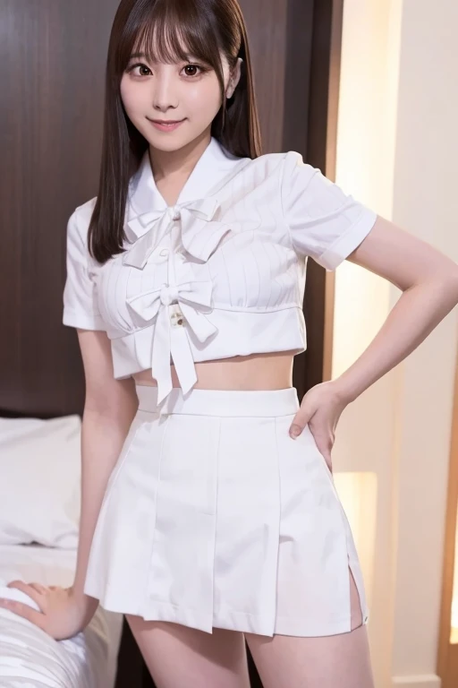 Gravure idol pose　Hotel　uniform　White clothes　high resolution　Not too small bust　Black Mini Skirt　Skirts should be shortened