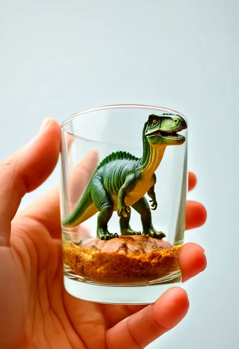 Hand holding a mini glass with a [dinossauro] dentro, 8k, fotografia hiper-realista,