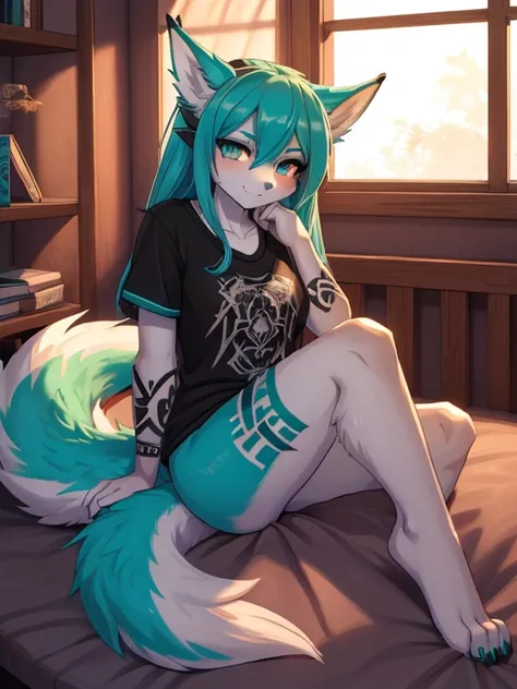 Miku hatsune, alta definicion, green body, blue hair,orejas de kitsune, tribal tatoo, high school cute clothws, cute girl, 18 years old girl, black licra short, black metal T-Shirt, mirada coqueta, recostada sobre una cama, sensual pose in bed