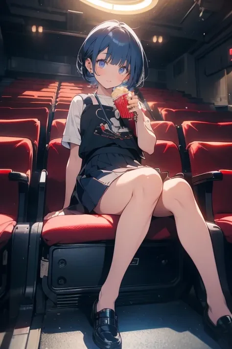 1girl,solo,cute,smile,mini skirt,thighs,blue hair and short hair,after school,in theater,in theater room,she shitting a theater seat,she watch a movie,she has a popcorn bucket