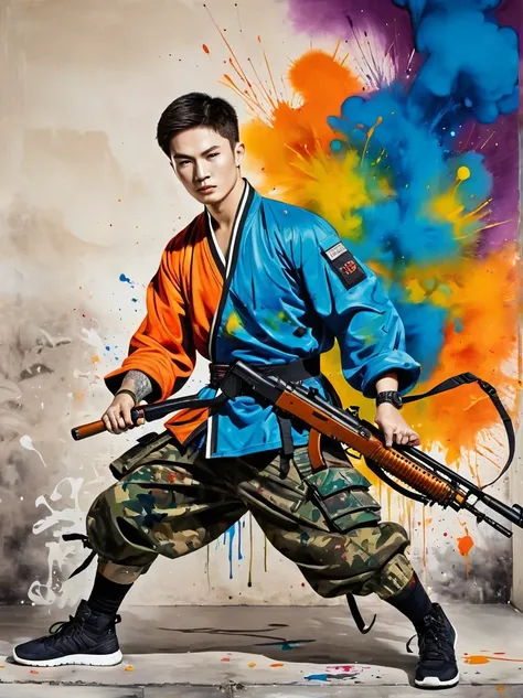 masterpiece, best quality, color ink painting, 男性contour，armed combatants，combat tights，dynamic姿势，contour，graffiti splashes，bold...