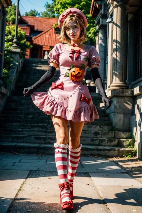 (masterpiece),(best quality), 16k CGI render ((photography)), photorealistic, lambdadelta, dress, shoes bow, red shoes, striped stockings, red bow, pink hat, pumpkin brooch, necklace, gloves, pearl, walking, smile, stairs, temple, mountain, forest, looking...