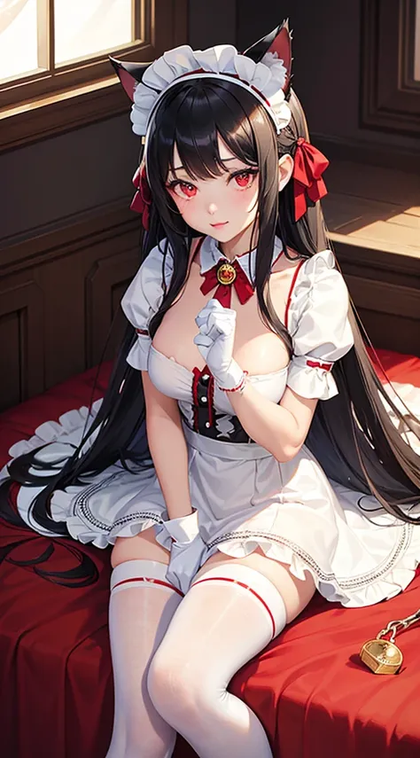 Detailed facial details，1 girl、12 years old，Cat ear，Black long hair, Charming red eyes, Shy expression，Radiant Skin，red lips，Pure white maid outfit，Maid headdress，White gloves，White knee socks，Sitting on the bed，Slim，Large Breasts，Facial details are very d...